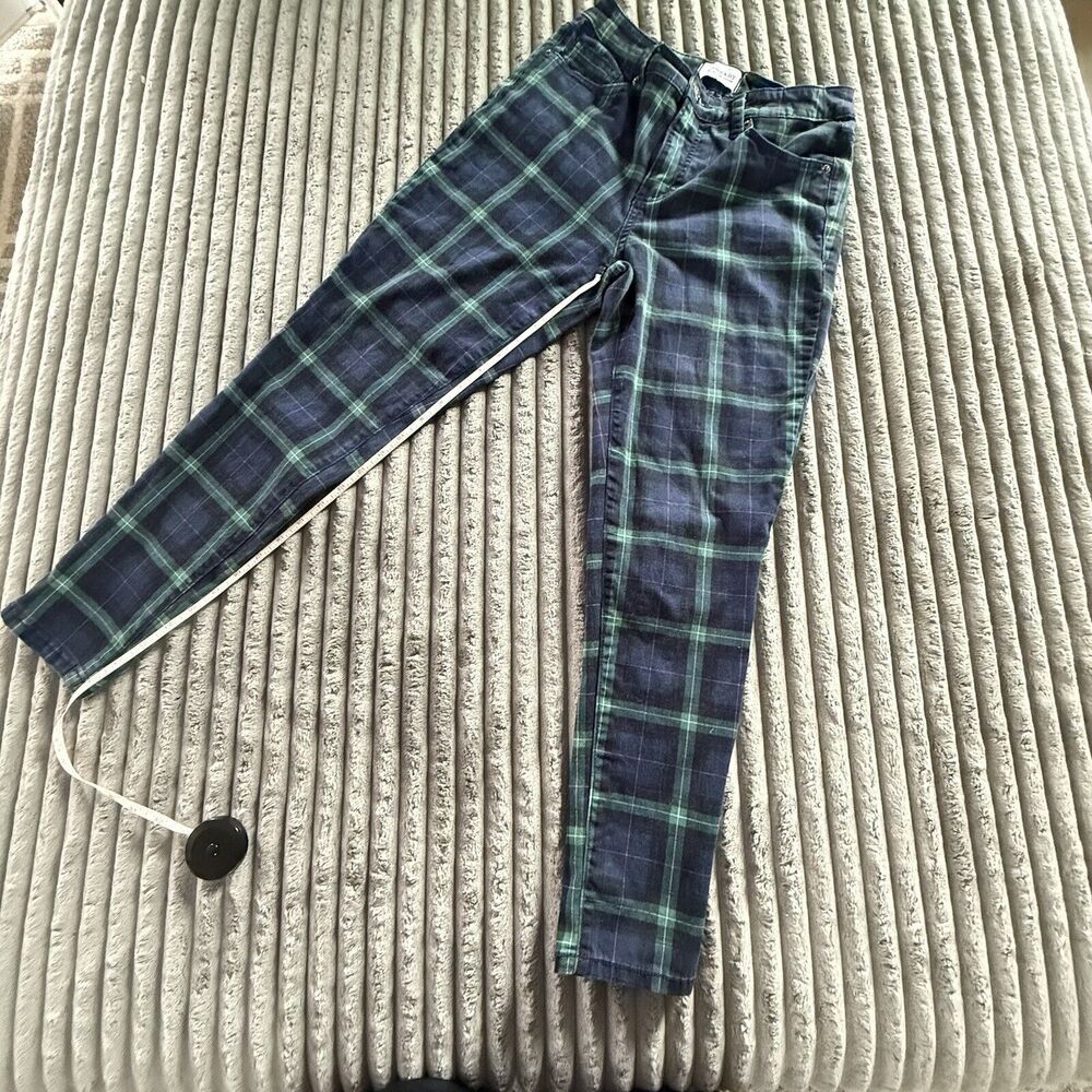 Crown&Ivy Plaid Cotton/Span 5 Pocket Pants Women 4 R High Rise Skinny Blue Green